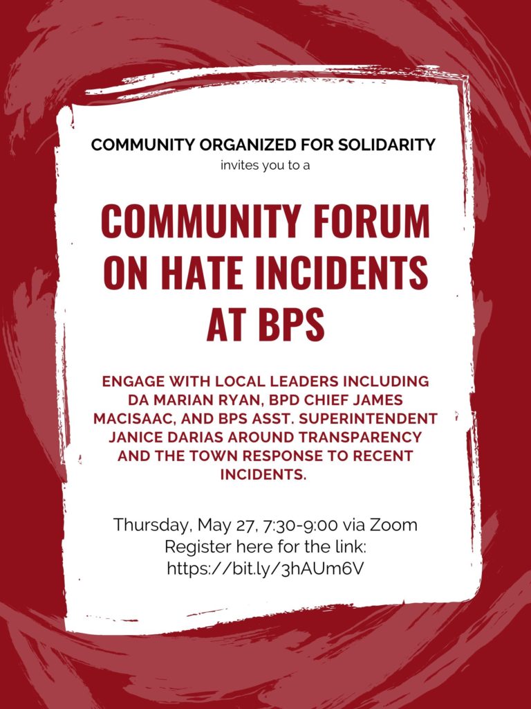 Community Forum on Hate Incidents at BPS, May 27th @ 7:30pm